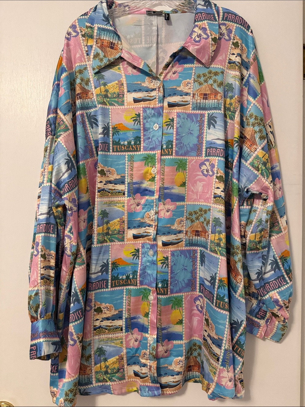 ASOS Design Tropical Stamp Print Button-Up Shirt Blue Pink Color Tuscany 20 Plus